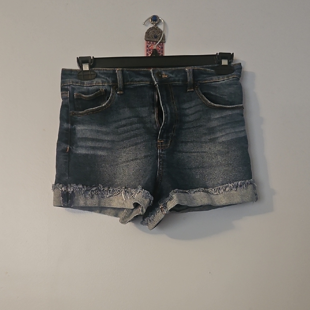 Blue Jean Shorts with Distressed Hem and Mid-Thigh Cut
